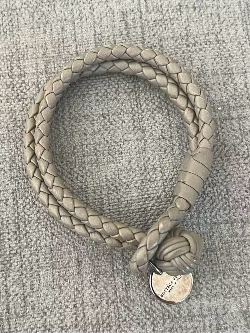 Authentic Bottega Veneta Taupe Braided Knot Leather Bracelet with Silver Tag